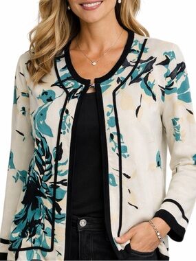 Ming Wang Open Front Cardigan Sz S Cream Floral Knit Jacket Shoulder Pads